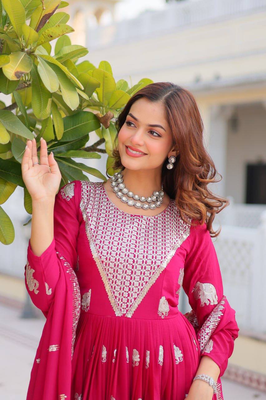 Pure Chinon Embroidered Gown with Heavy Sequin Work and Lace Border Dupatta