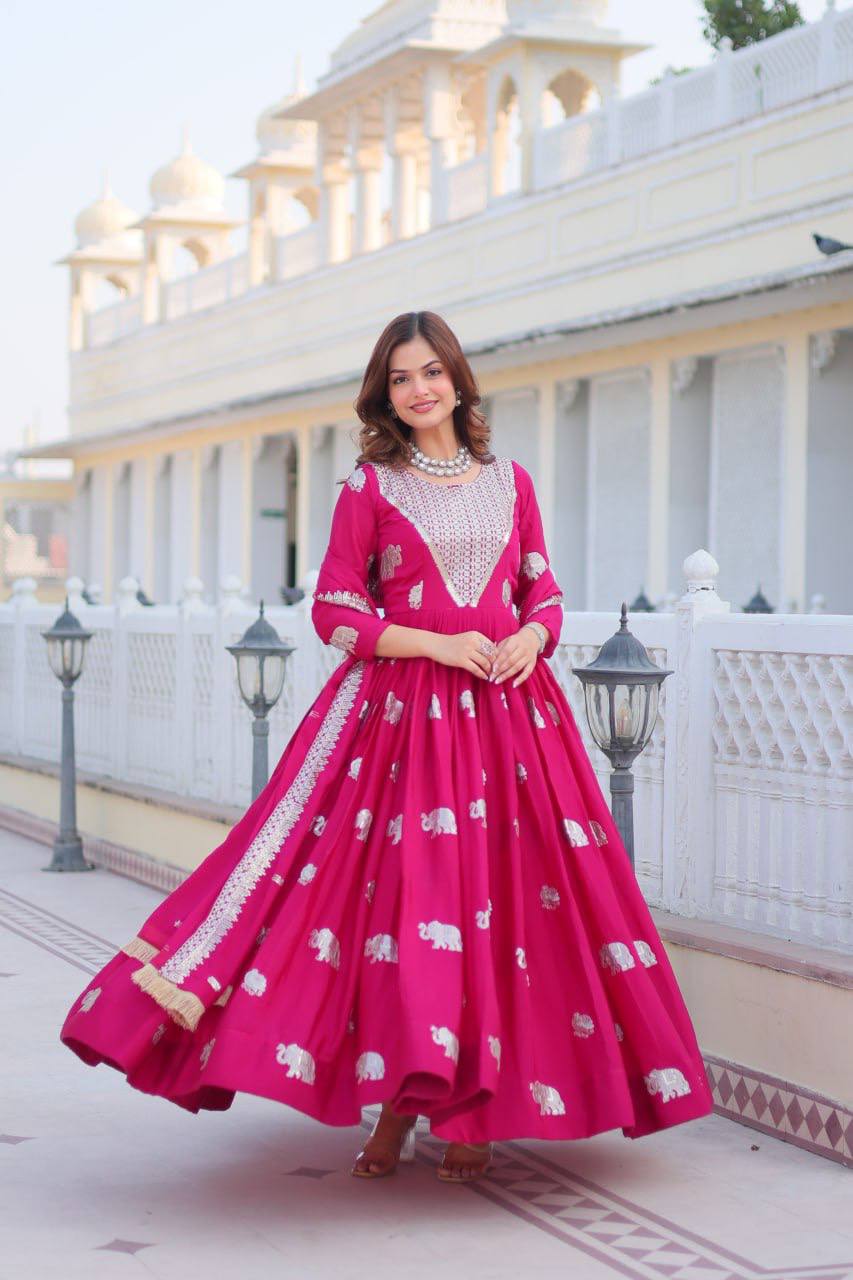 Pure Chinon Embroidered Gown with Heavy Sequin Work and Lace Border Dupatta