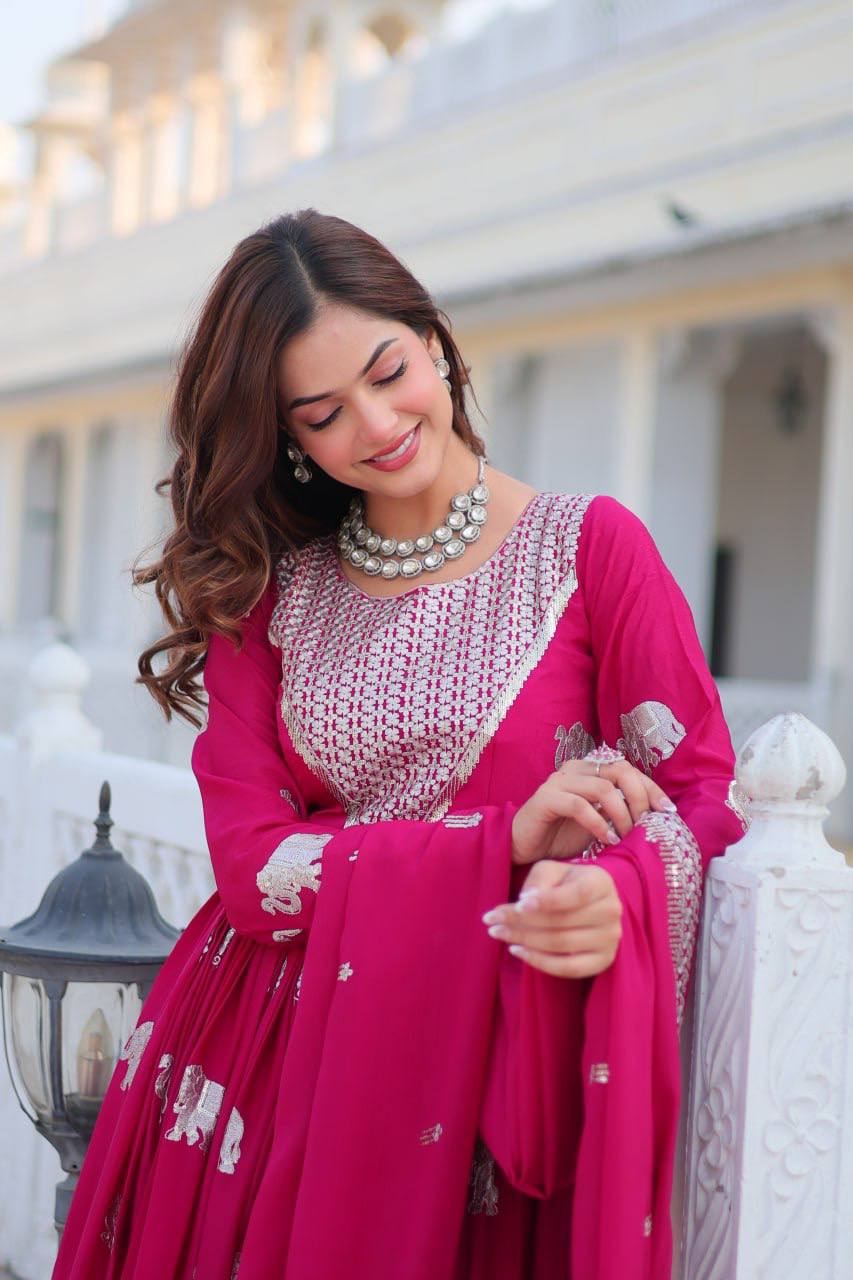 Pure Chinon Embroidered Gown with Heavy Sequin Work and Lace Border Dupatta