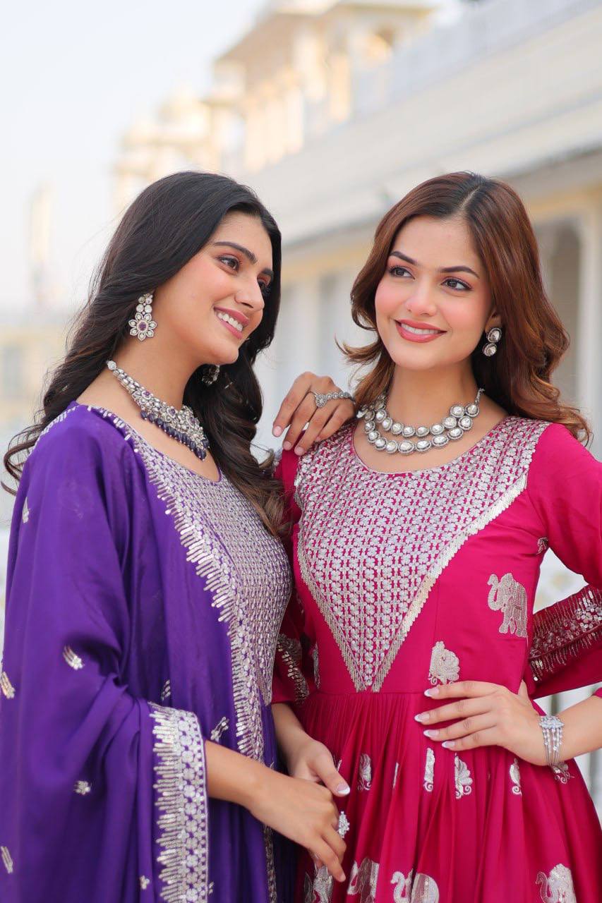 Pure Chinon Embroidered Gown with Heavy Sequin Work and Lace Border Dupatta
