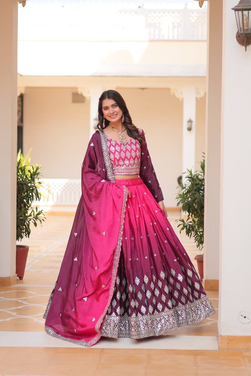 Pure Padding Chinon Sequins Embroidered Lehenga Choli With Dupatta