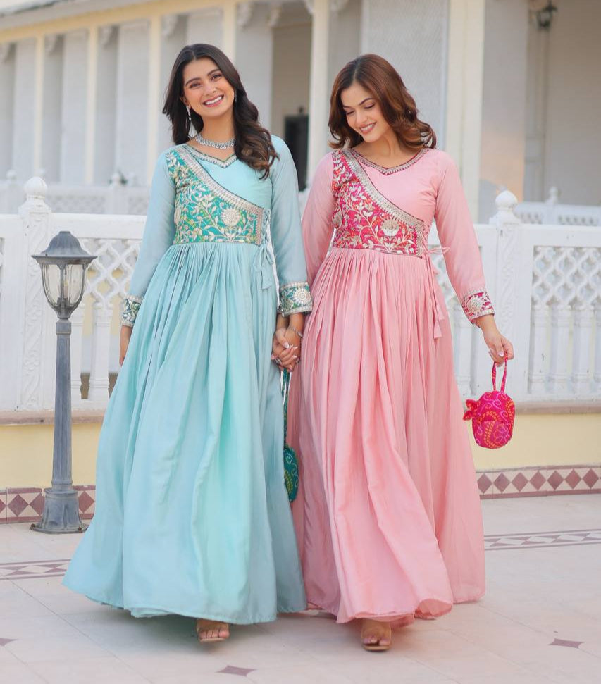 Pure Chinon & Bandhej Gown Set With Jacket and Hand Purse