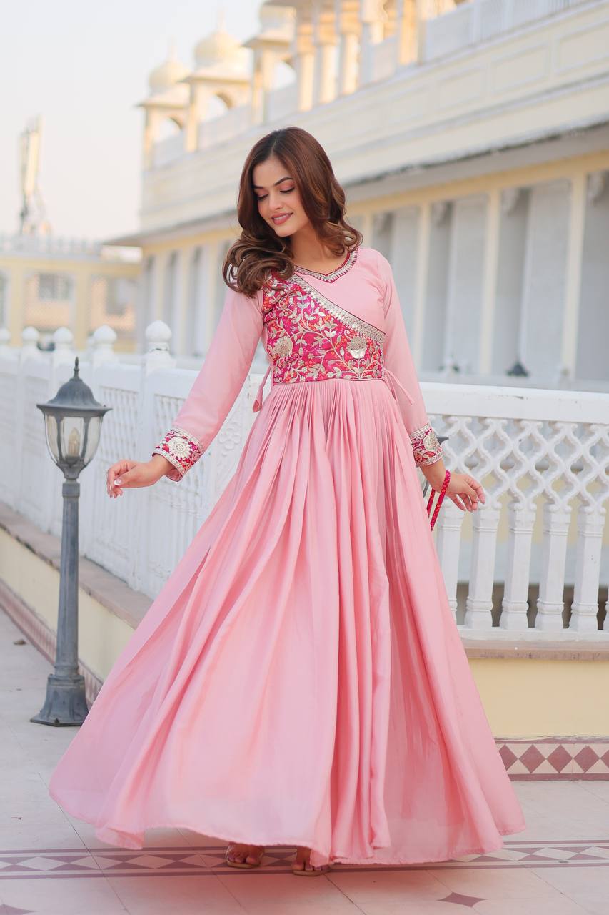 Pure Chinon & Bandhej Gown Set With Jacket and Hand Purse