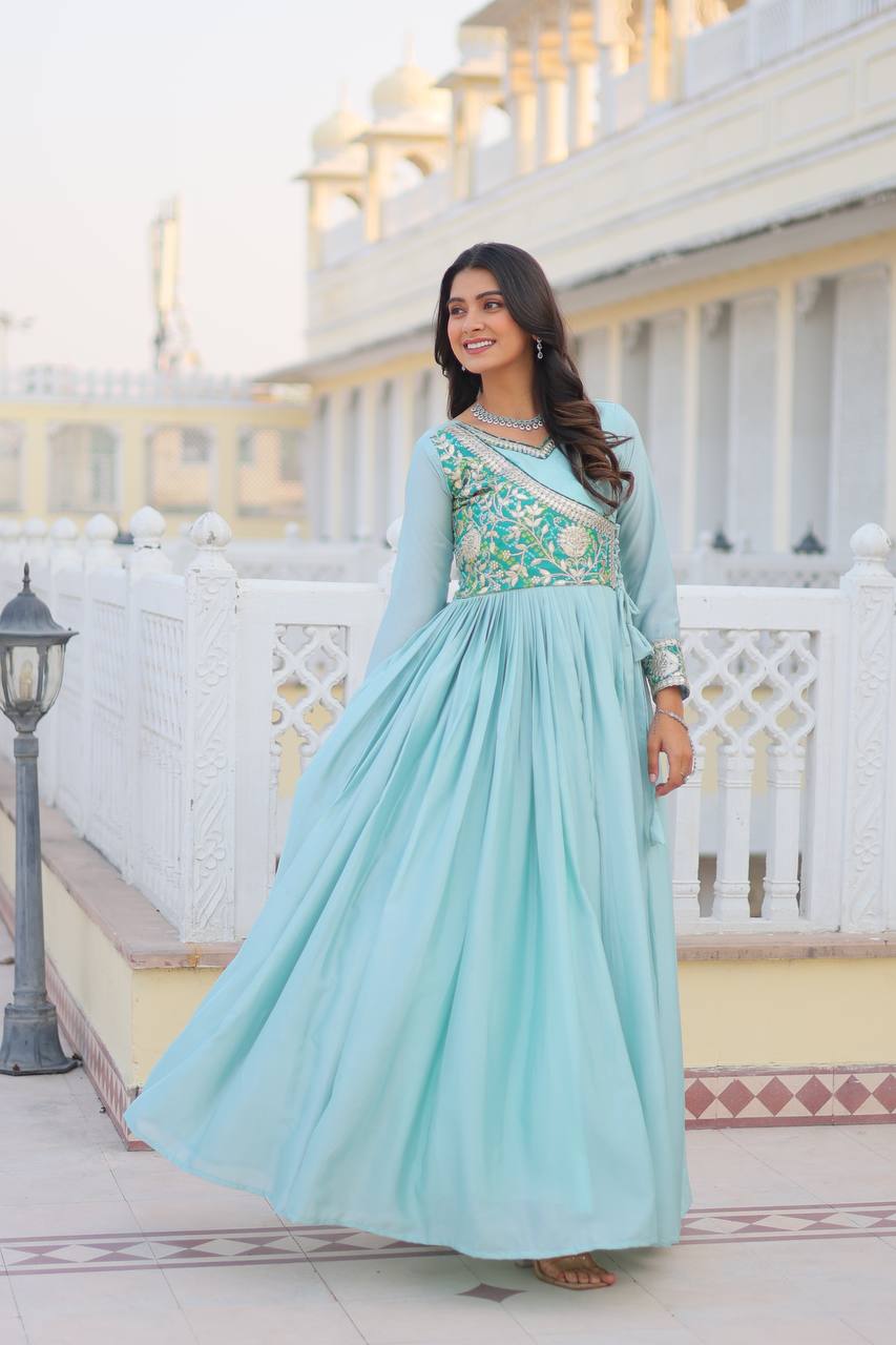 Pure Chinon & Bandhej Gown Set With Jacket and Hand Purse