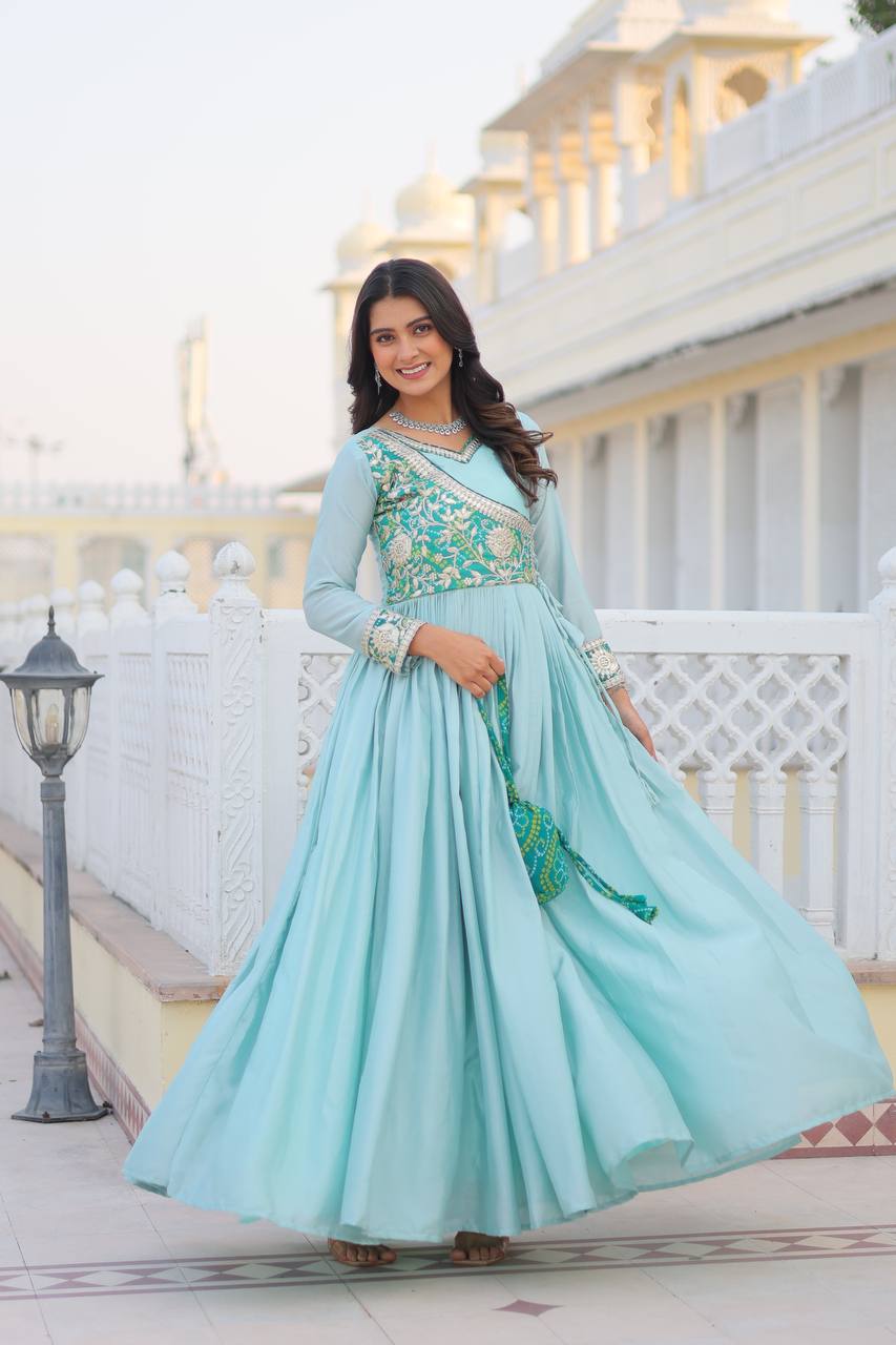 Pure Chinon & Bandhej Gown Set With Jacket and Hand Purse