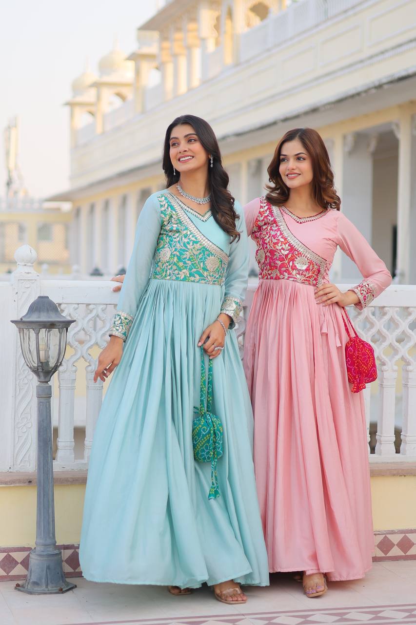 Pure Chinon & Bandhej Gown Set With Jacket and Hand Purse