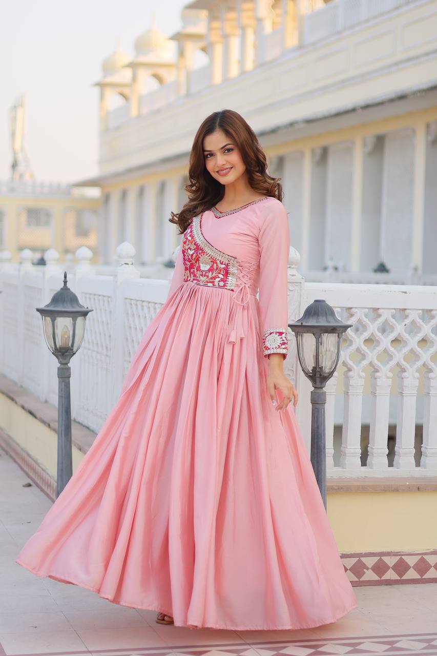Pure Chinon & Bandhej Gown Set With Jacket and Hand Purse