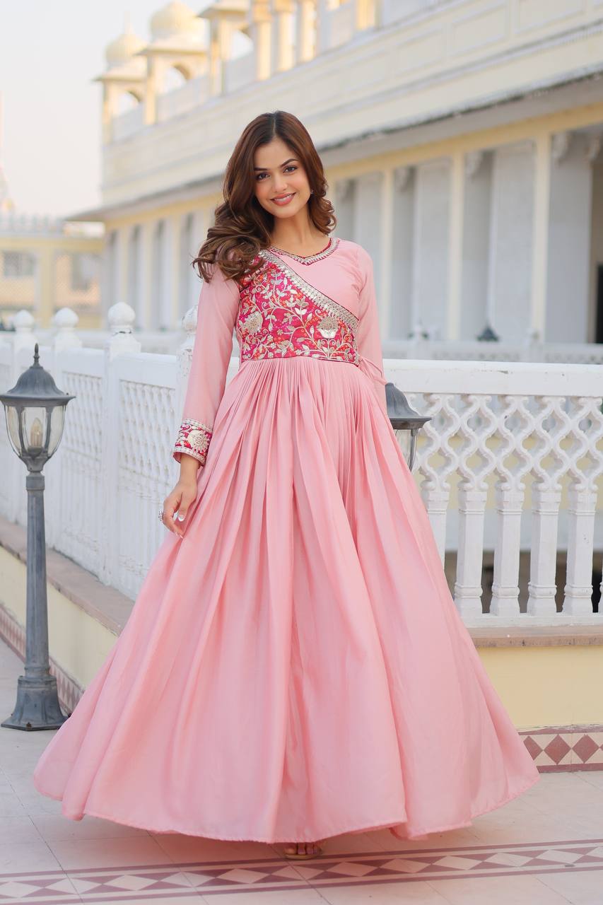 Pure Chinon & Bandhej Gown Set With Jacket and Hand Purse