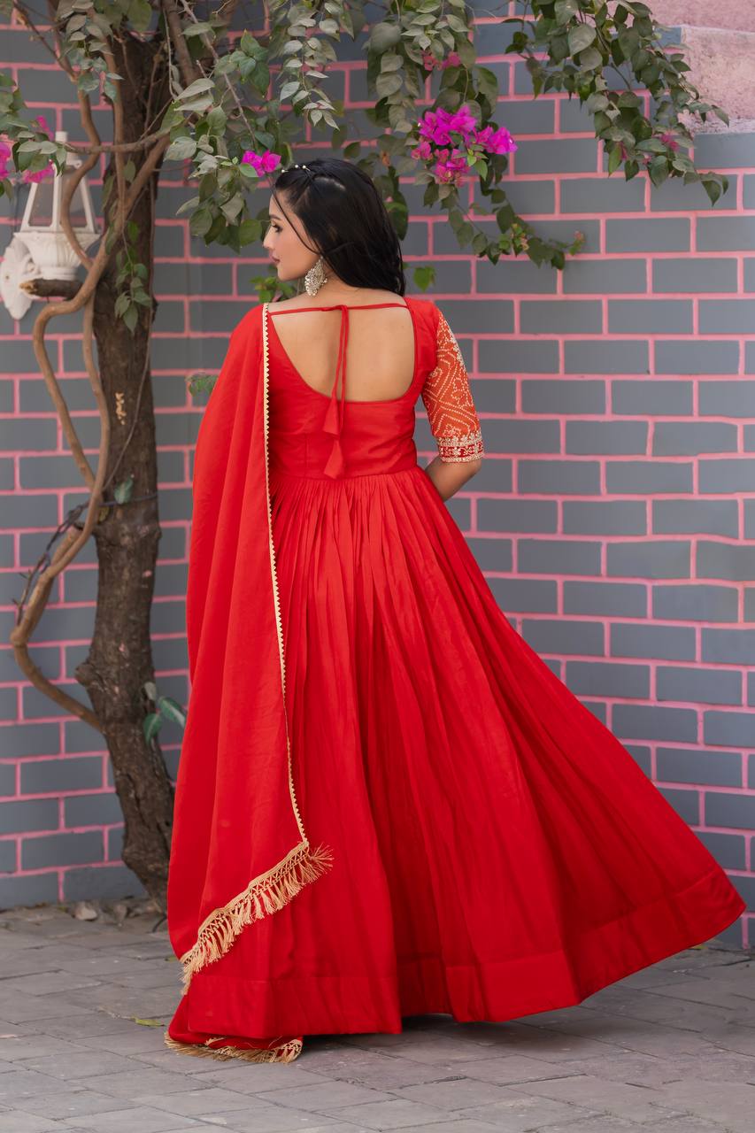 Elegant Pure Chinon Bandhej Gown with Heavy Sequence Embroidery Work