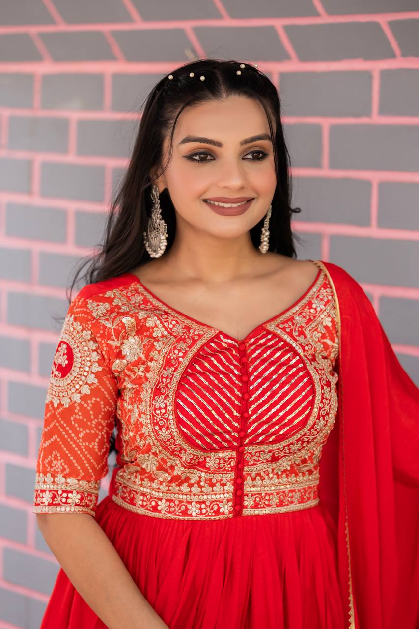 Elegant Pure Chinon Bandhej Gown with Heavy Sequence Embroidery Work
