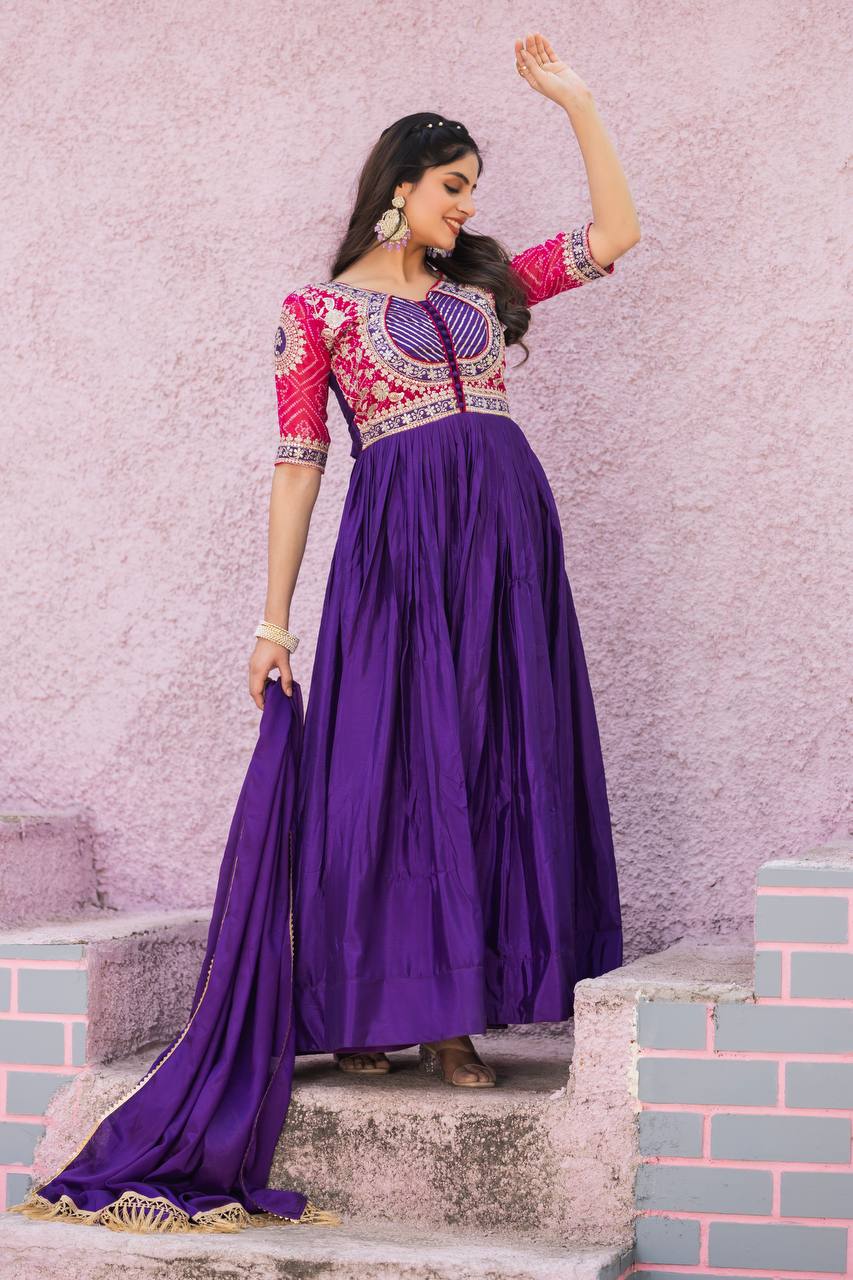 Elegant Pure Chinon Bandhej Gown with Heavy Sequence Embroidery Work