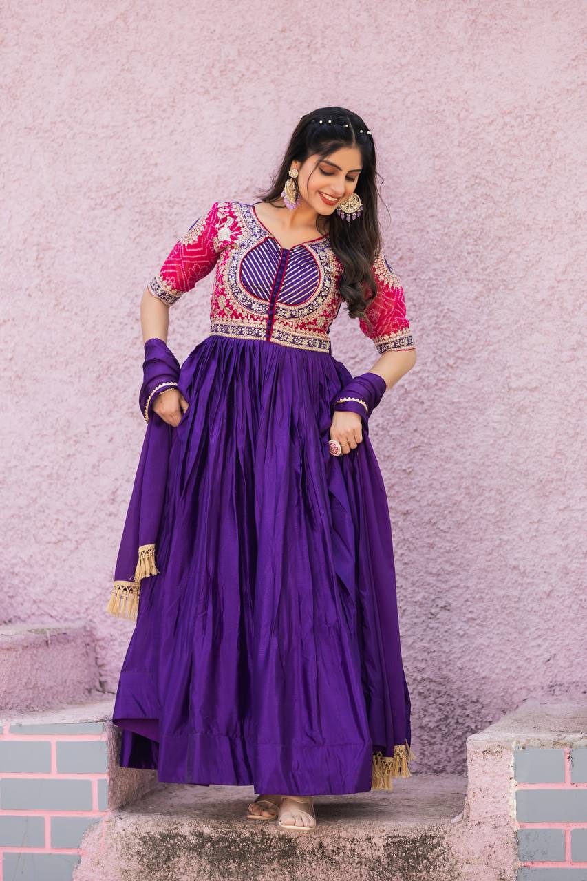 Elegant Pure Chinon Bandhej Gown with Heavy Sequence Embroidery Work