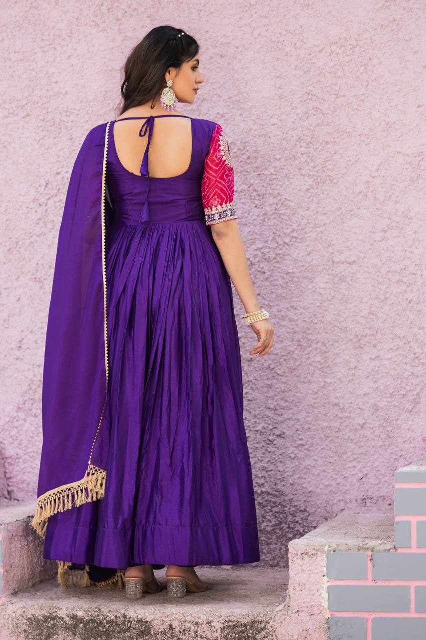 Elegant Pure Chinon Bandhej Gown with Heavy Sequence Embroidery Work
