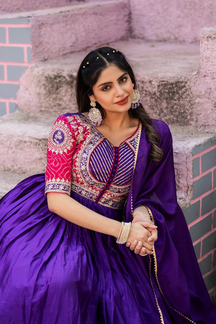 Elegant Pure Chinon Bandhej Gown with Heavy Sequence Embroidery Work
