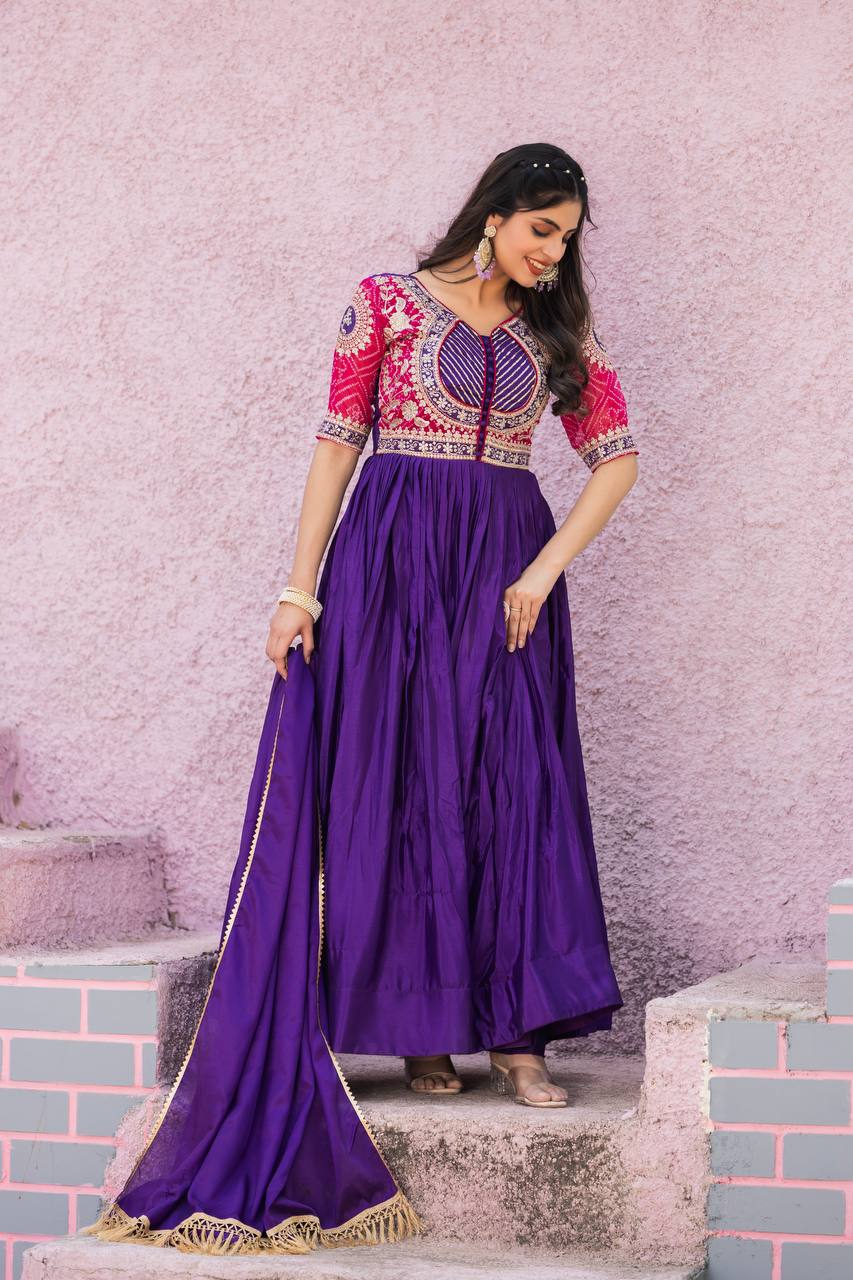 Elegant Pure Chinon Bandhej Gown with Heavy Sequence Embroidery Work