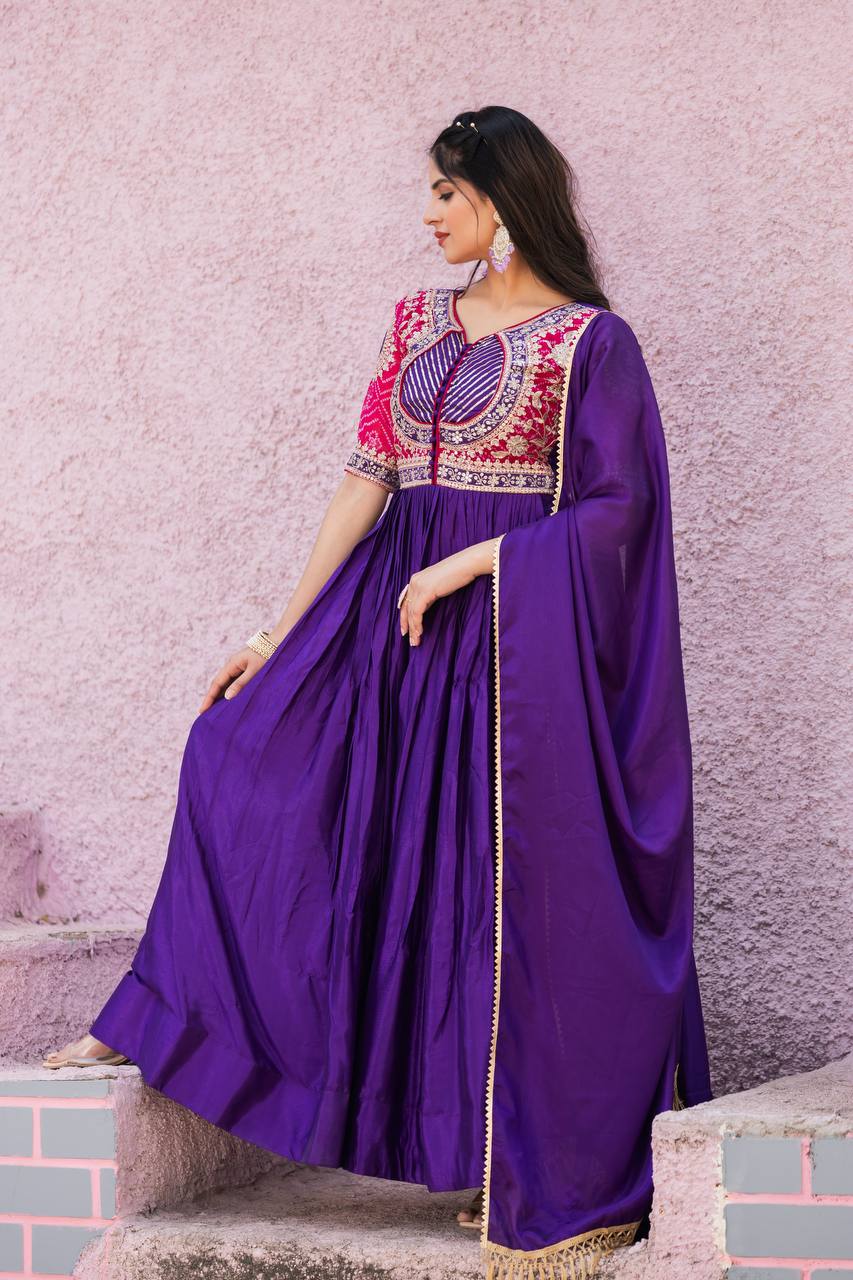 Elegant Pure Chinon Bandhej Gown with Heavy Sequence Embroidery Work