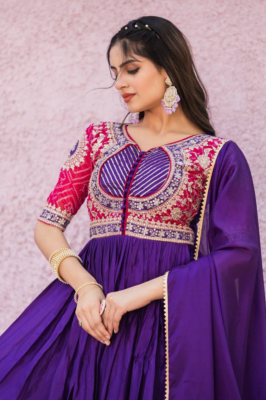 Elegant Pure Chinon Bandhej Gown with Heavy Sequence Embroidery Work