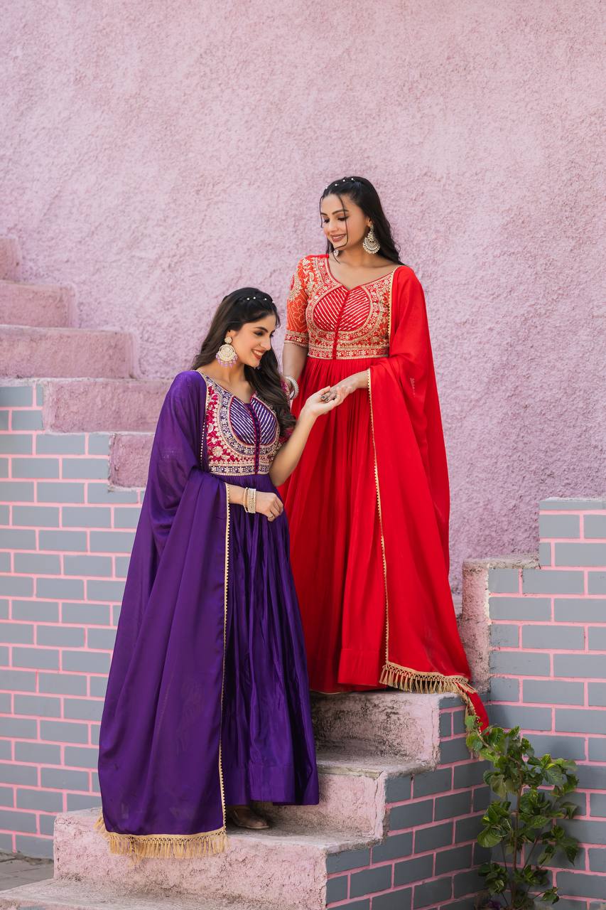 Elegant Pure Chinon Bandhej Gown with Heavy Sequence Embroidery Work