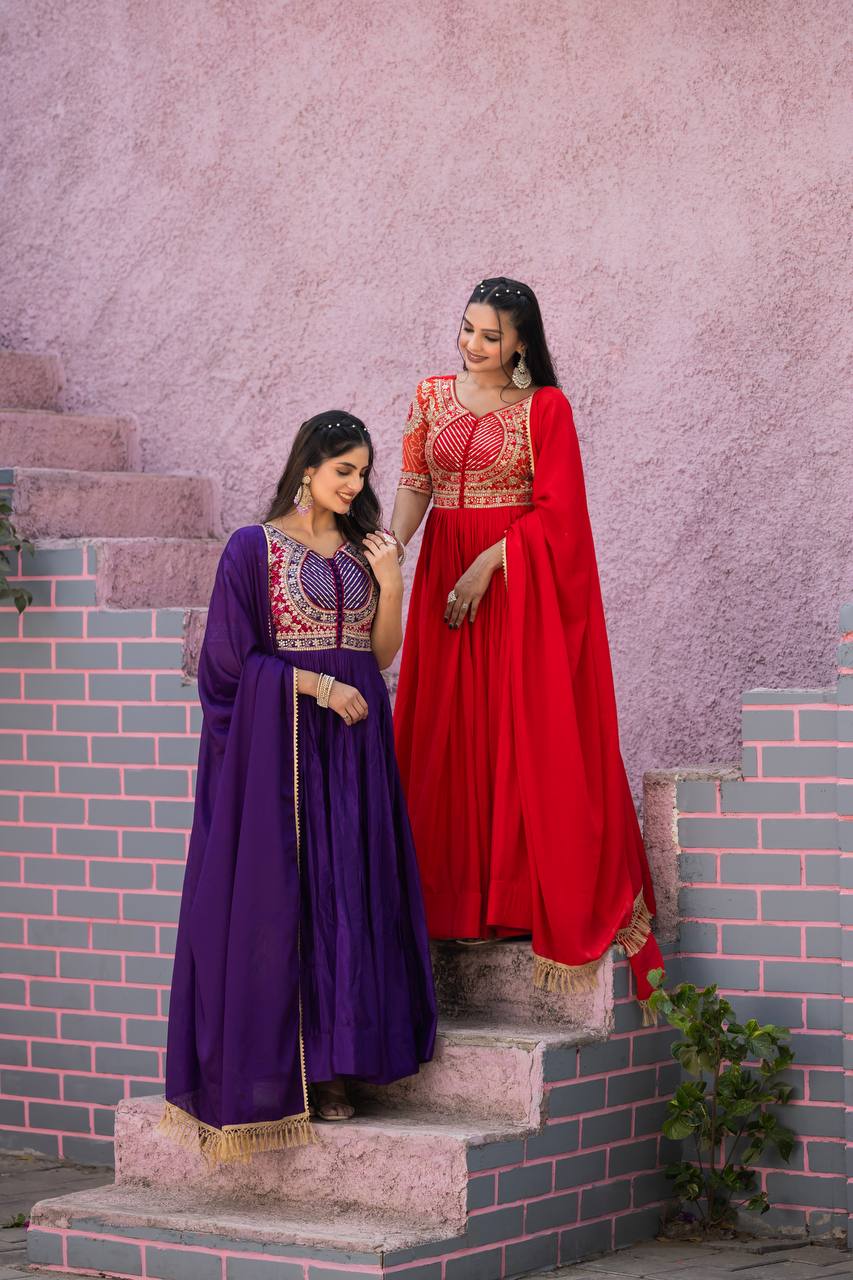 Elegant Pure Chinon Bandhej Gown with Heavy Sequence Embroidery Work