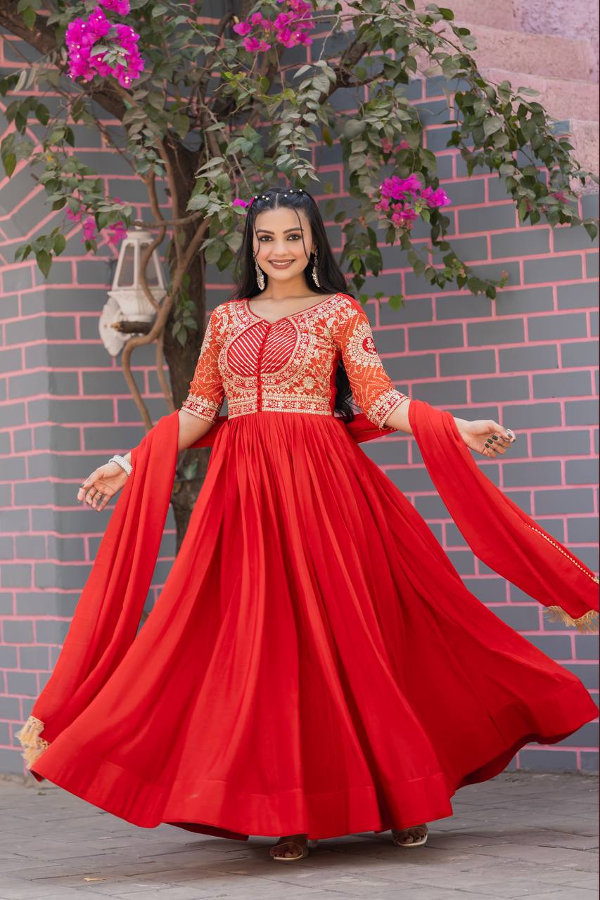 Elegant Pure Chinon Bandhej Gown with Heavy Sequence Embroidery Work