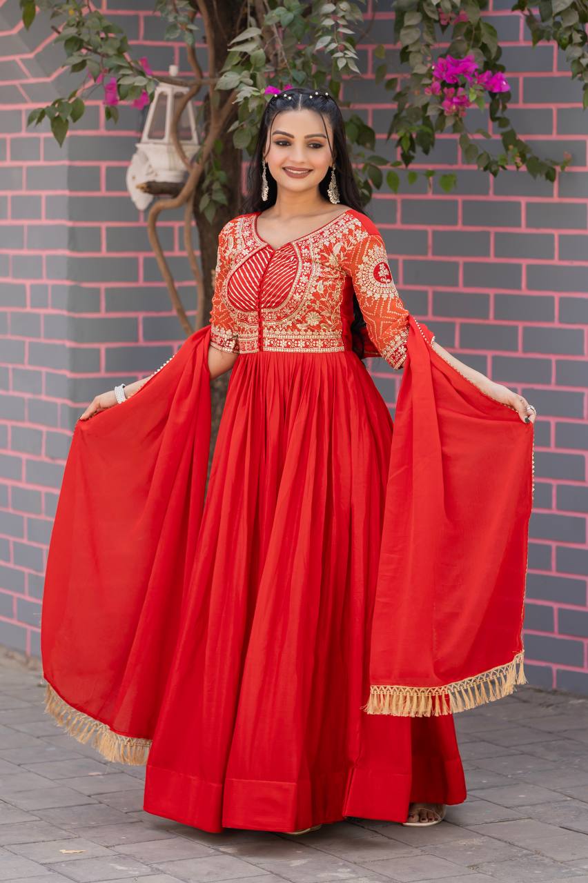 Elegant Pure Chinon Bandhej Gown with Heavy Sequence Embroidery Work