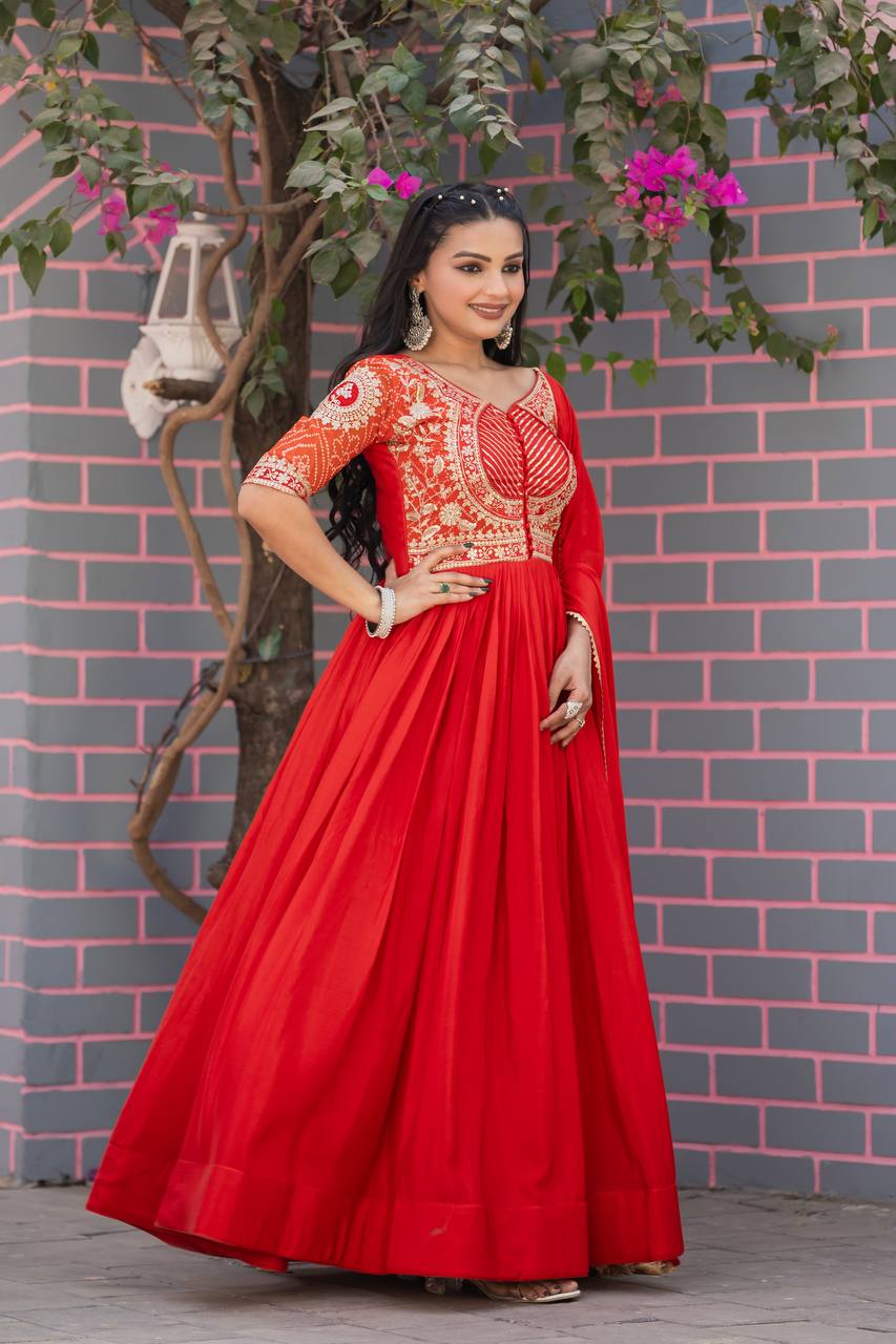 Elegant Pure Chinon Bandhej Gown with Heavy Sequence Embroidery Work
