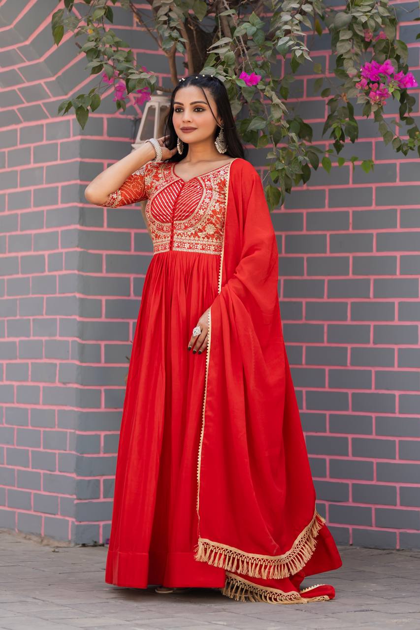 Elegant Pure Chinon Bandhej Gown with Heavy Sequence Embroidery Work