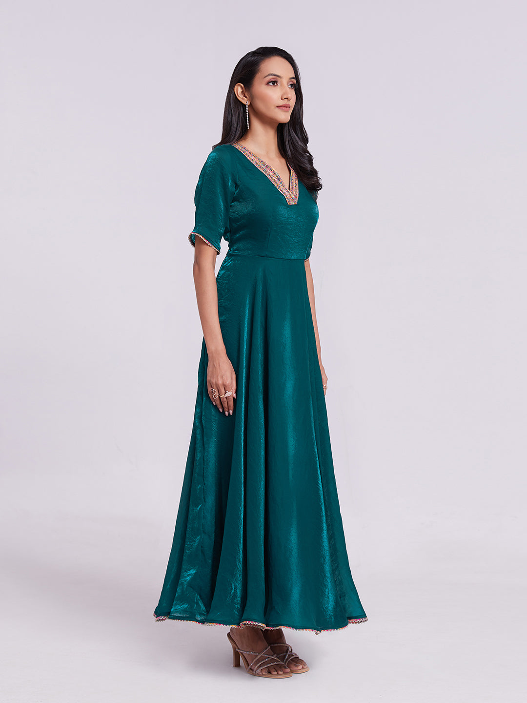 Peacock Blue Anarkali Gown with Lace Work