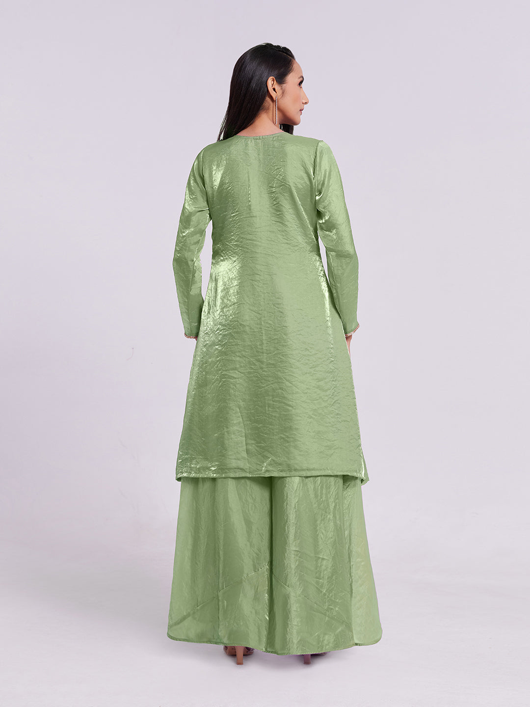 Sage Green Pure Organza Kurta Pant Set with Handwork