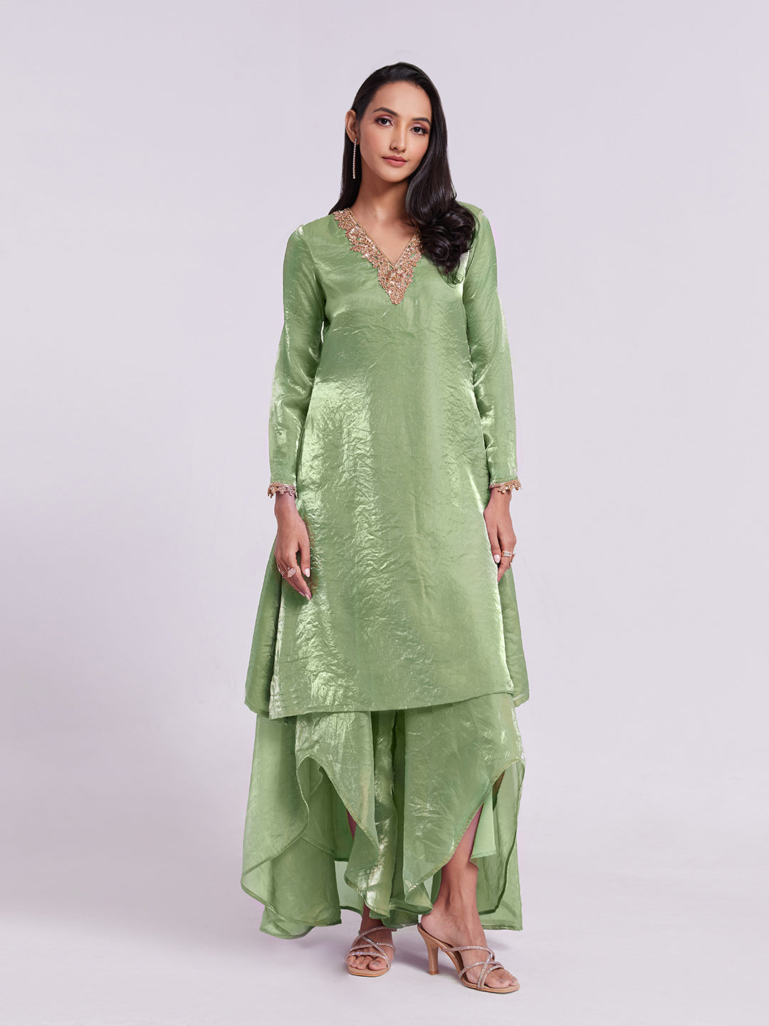 Sage Green Pure Organza Kurta Pant Set with Handwork