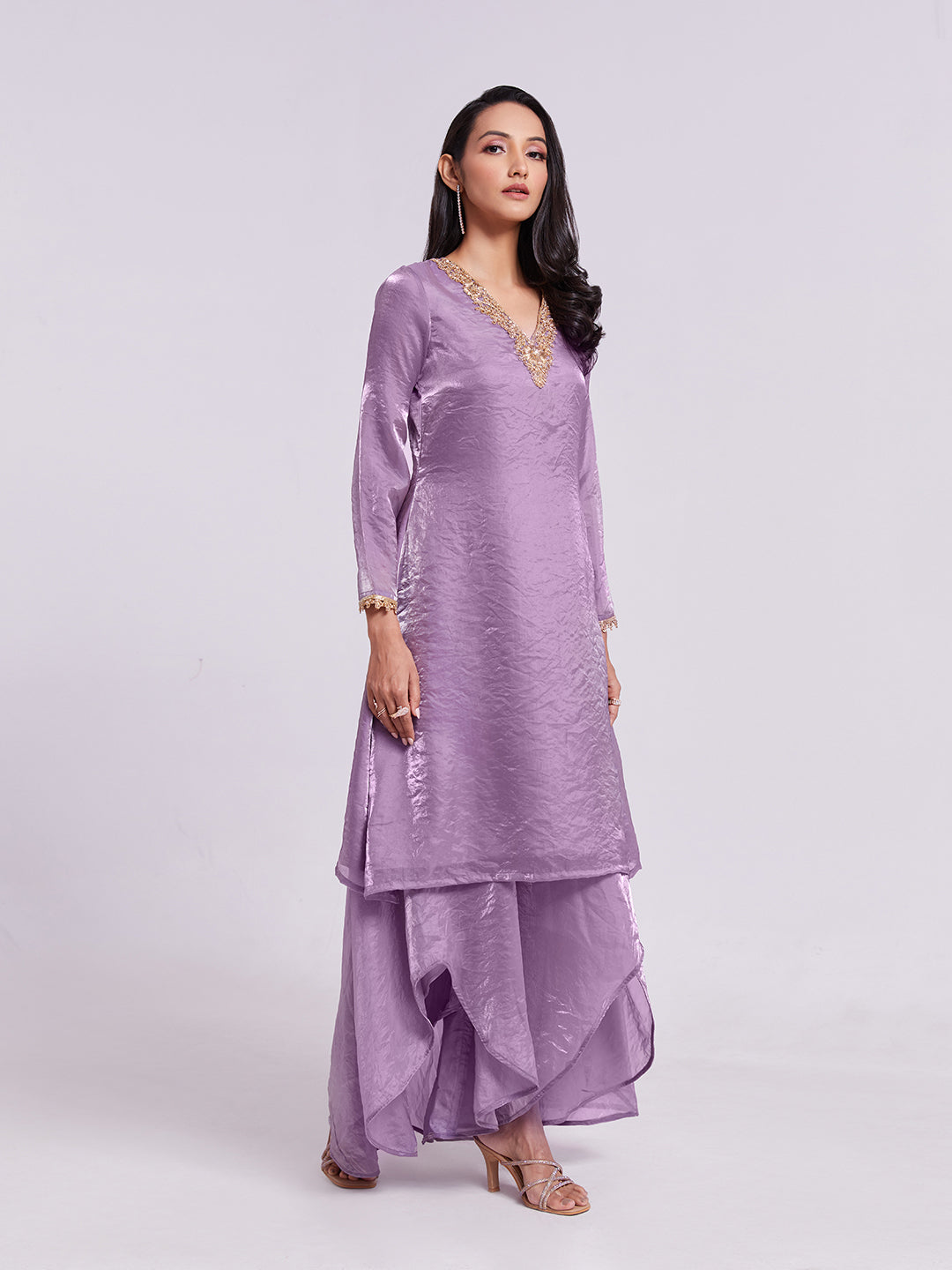 Lilac Pure Organza Kurta Pant Set with Handwork