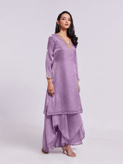 Lilac Pure Organza Kurta Pant Set with Handwork