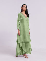 Sage Green Pure Organza Kurta Pant Set with Handwork