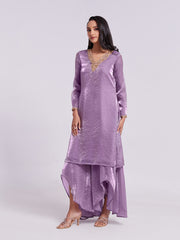 Lilac Pure Organza Kurta Pant Set with Handwork
