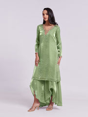 Sage Green Pure Organza Kurta Pant Set with Handwork