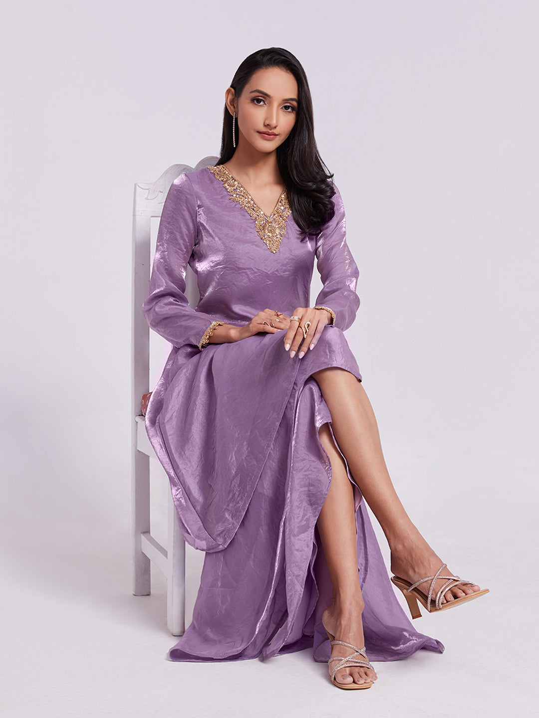 Lilac Pure Organza Kurta Pant Set with Handwork