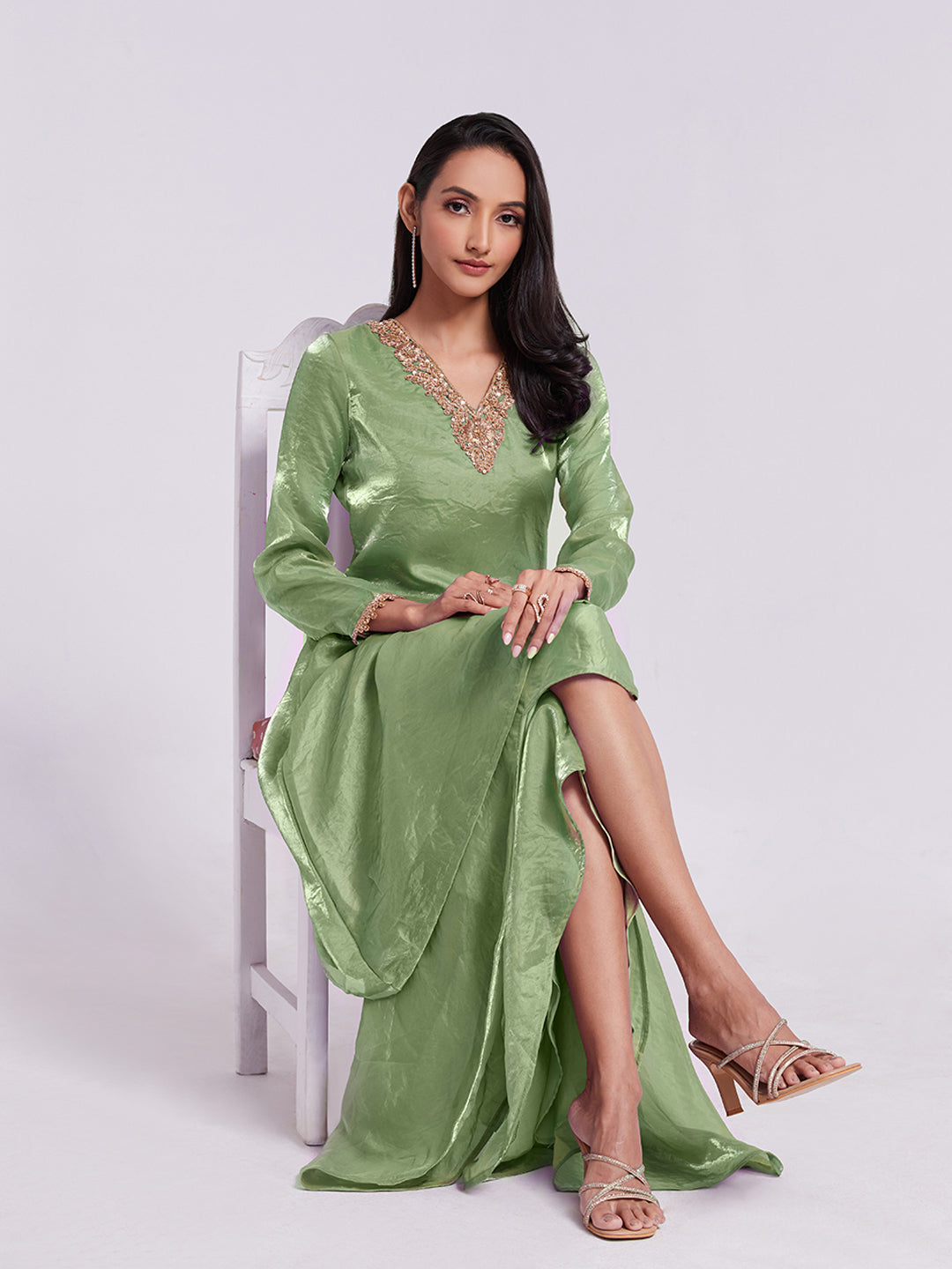 Sage Green Pure Organza Kurta Pant Set with Handwork