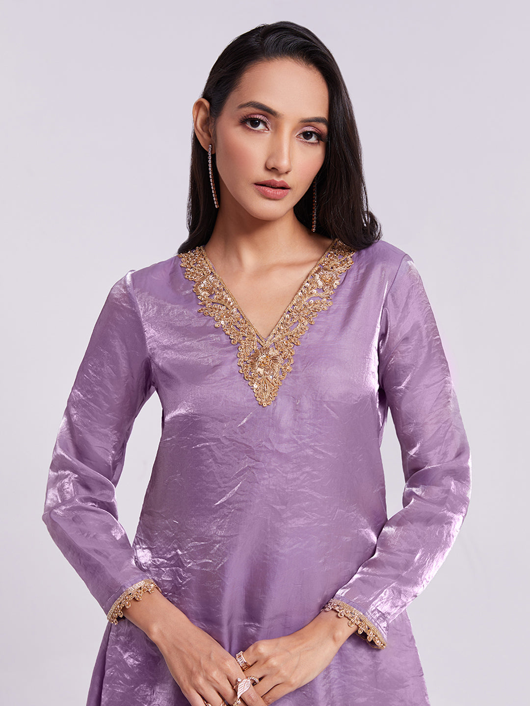 Lilac Pure Organza Kurta Pant Set with Handwork