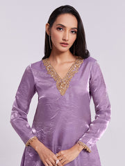 Lilac Pure Organza Kurta Pant Set with Handwork