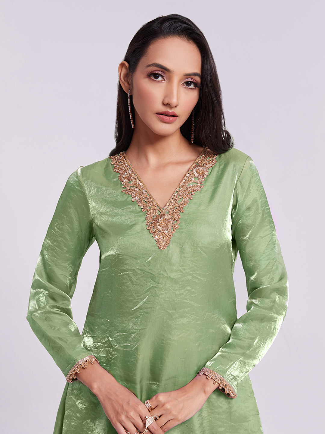 Sage Green Pure Organza Kurta Pant Set with Handwork