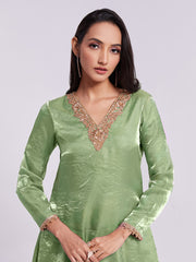 Sage Green Pure Organza Kurta Pant Set with Handwork
