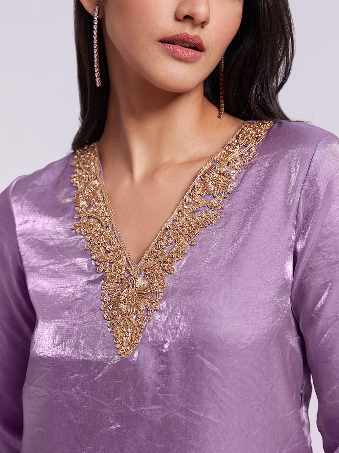 Lilac Pure Organza Kurta Pant Set with Handwork