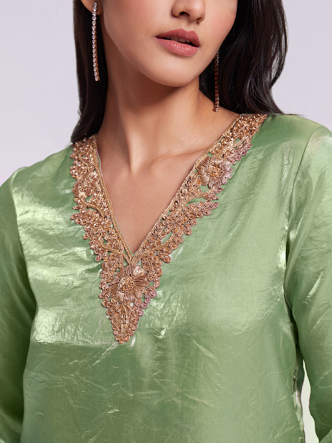Sage Green Pure Organza Kurta Pant Set with Handwork