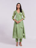 Sage Green Wrap-Style Kurta Pant Set with Handwork