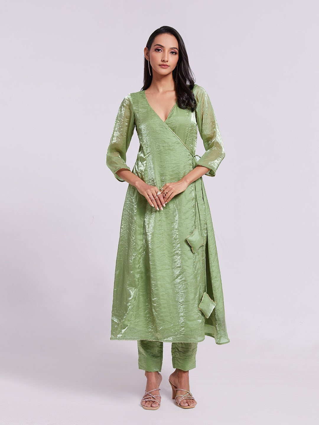 Sage Green Wrap-Style Kurta Pant Set with Handwork