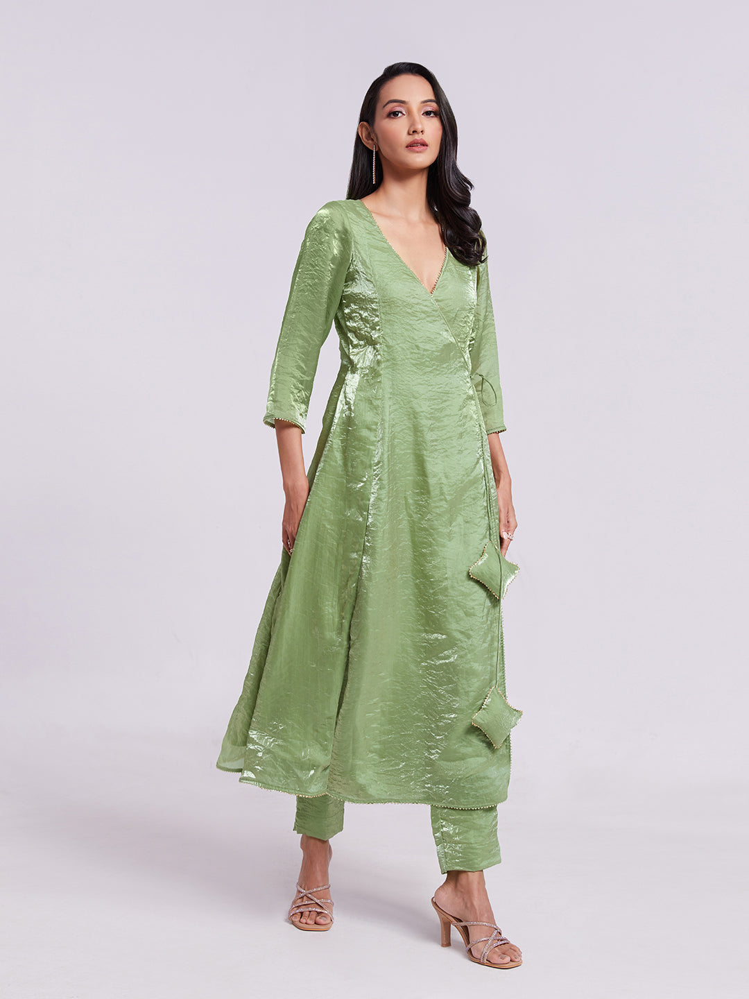Sage Green Wrap-Style Kurta Pant Set with Handwork