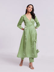 Sage Green Wrap-Style Kurta Pant Set with Handwork