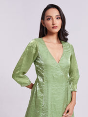 Sage Green Wrap-Style Kurta Pant Set with Handwork