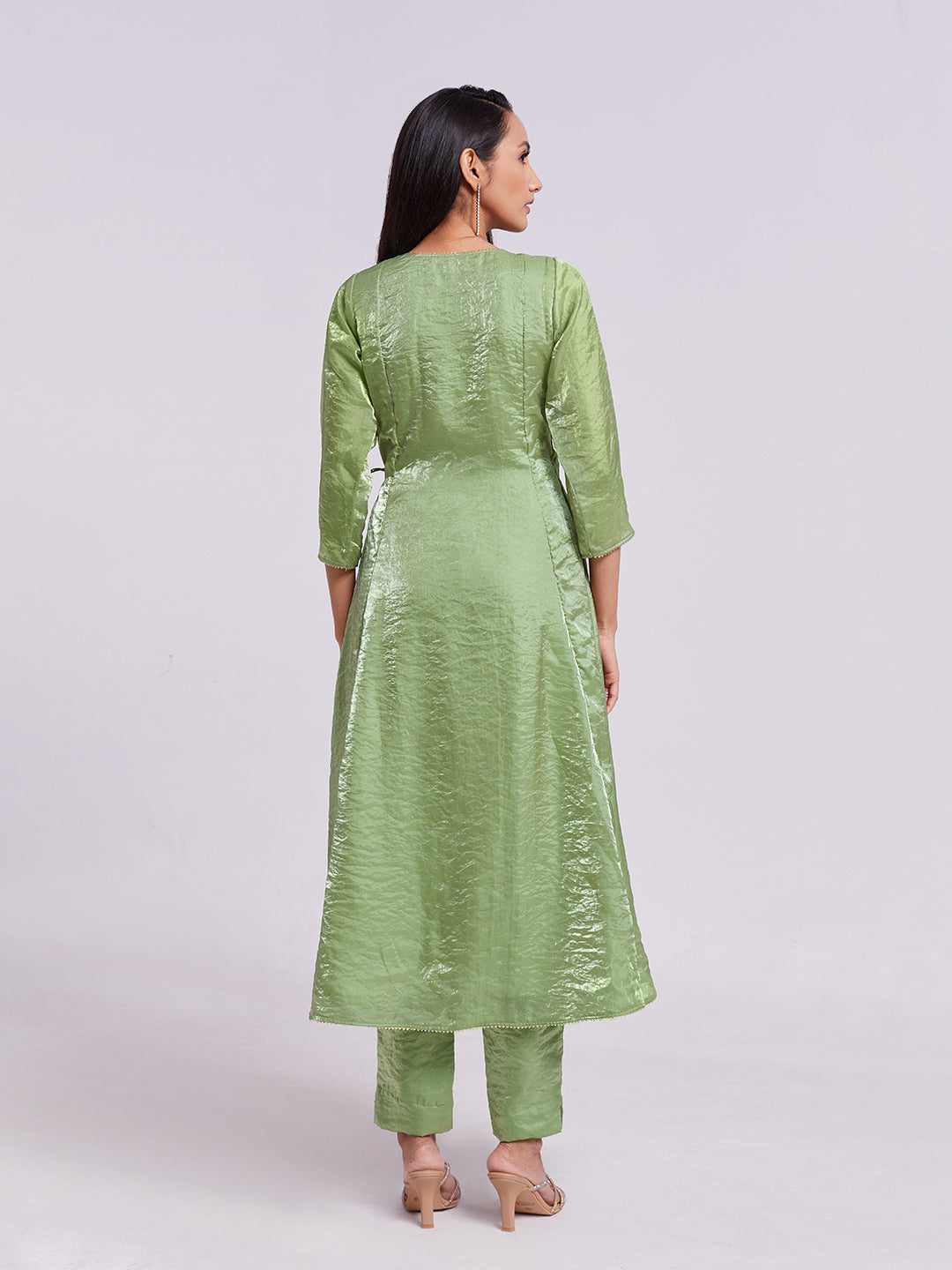 Sage Green Wrap-Style Kurta Pant Set with Handwork