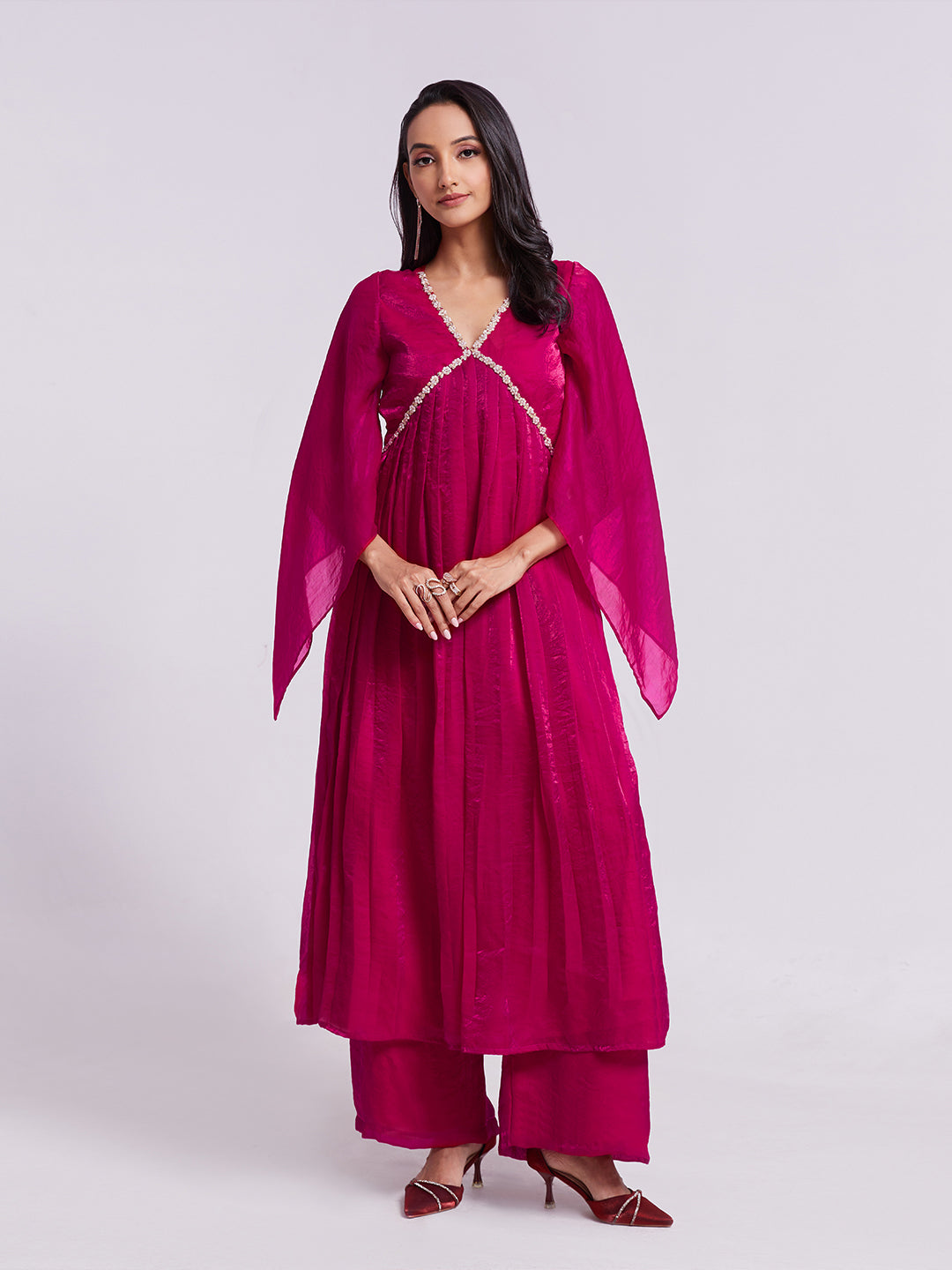 Rani Pink Anarkali Kurta Pant Set with Handwork